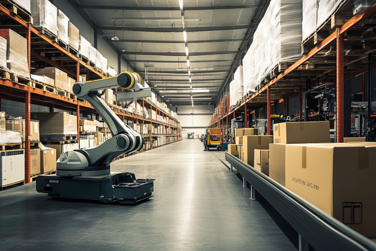 Photo of A robotic arm with suction cups at an industrial warehouse unloading boxes from a conveyor belt, next to rows of shelves filled with goods